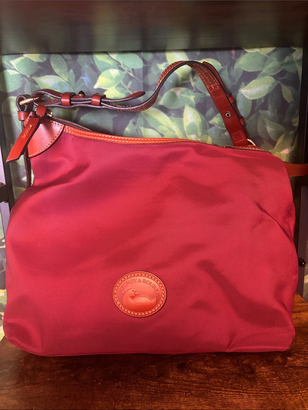 Dooney & Bourke Red Nylon Shoulder Bag with Brown Leather Trim